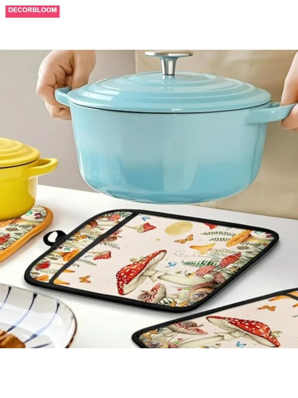 Vintage Mushroom Pot Holders Oven Mitts Set Cotton Heat-Resistant Kitchen